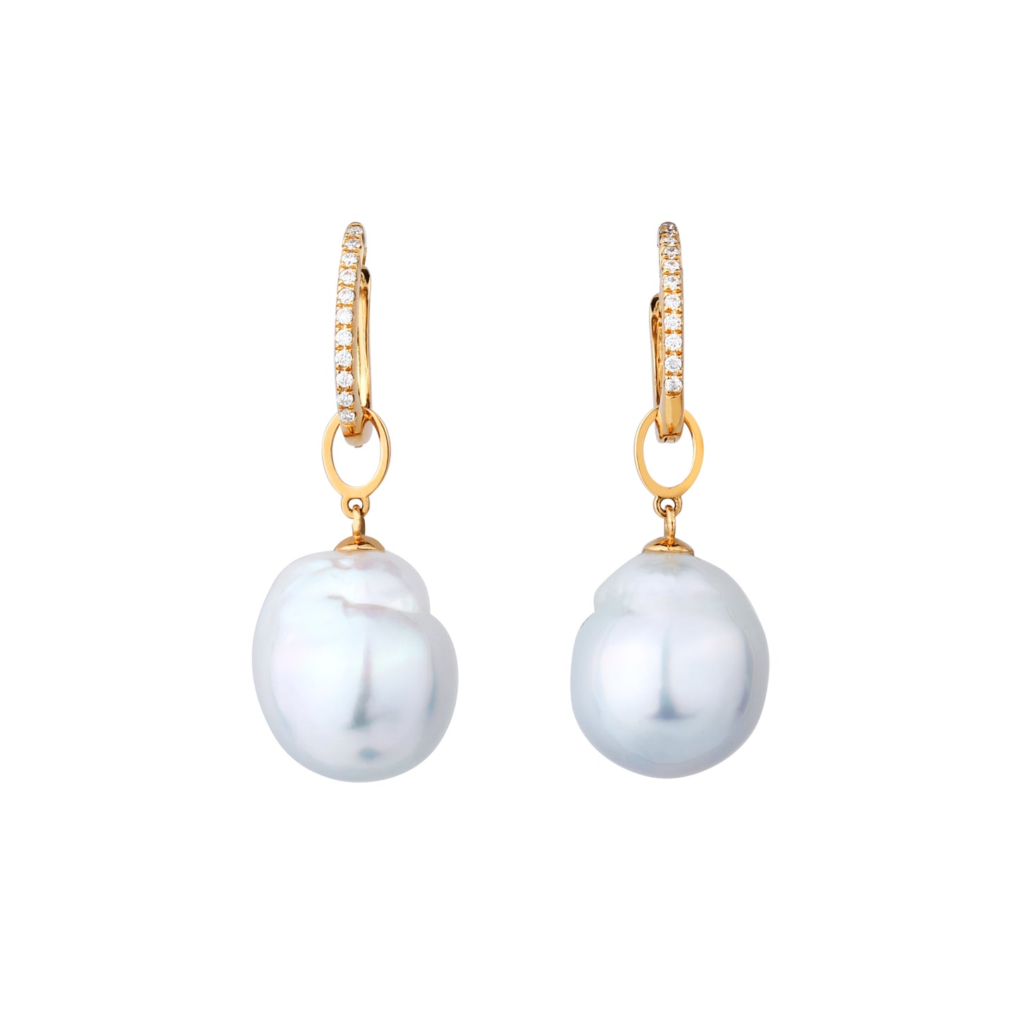 White South Sea Baroque Pearl Diamond Earrings in 18K Yellow Gold