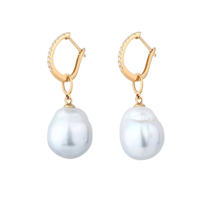 White South Sea Baroque Pearl Diamond Earrings in 18K Yellow Gold