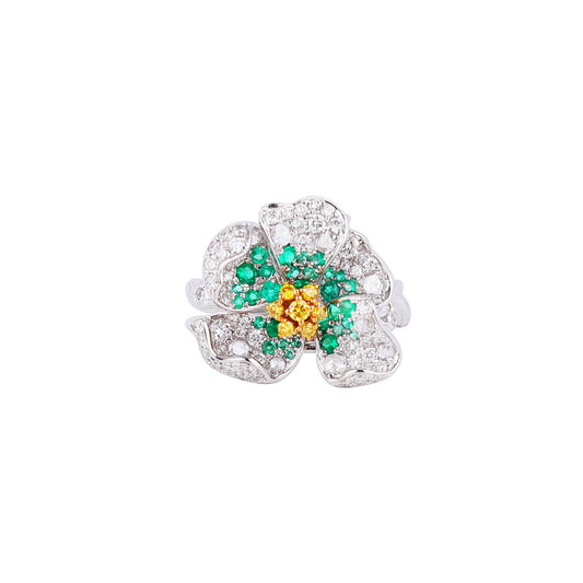 Yellow Diamond and Emerald Floral Diamond Ring in 18K White Gold