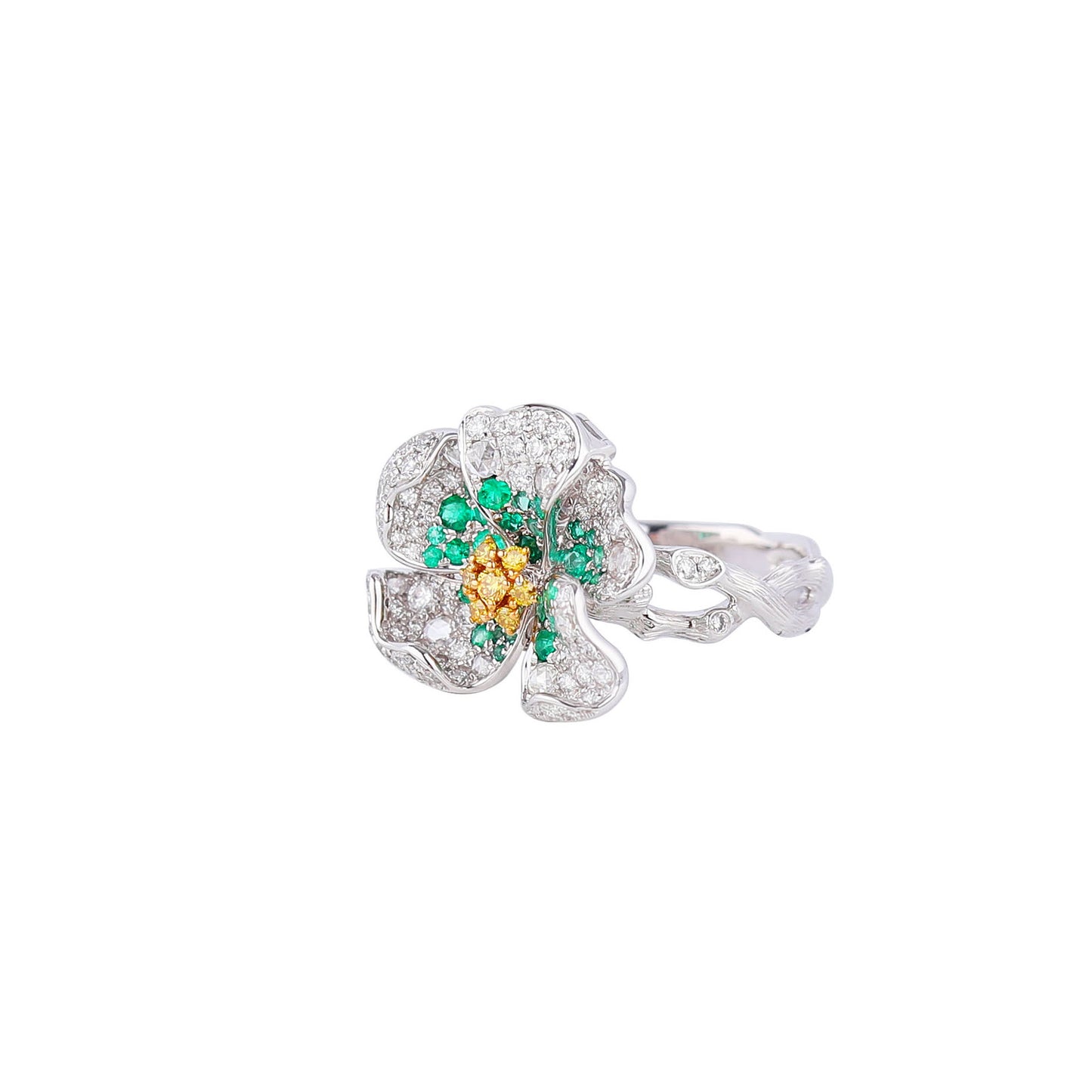 Yellow Diamond and Emerald Floral Diamond Ring in 18K White Gold