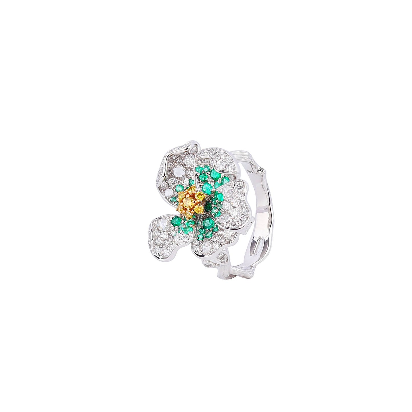 Yellow Diamond and Emerald Floral Diamond Ring in 18K White Gold