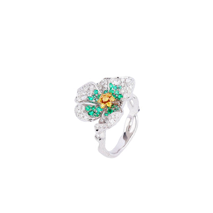 Yellow Diamond and Emerald Floral Diamond Ring in 18K White Gold