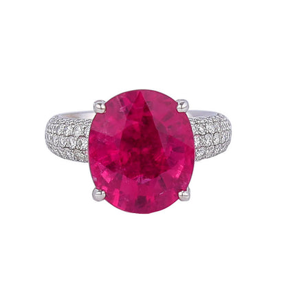 Natural Hot Pink Rubellite Tourmaline Diamond Ring in 18K White Gold