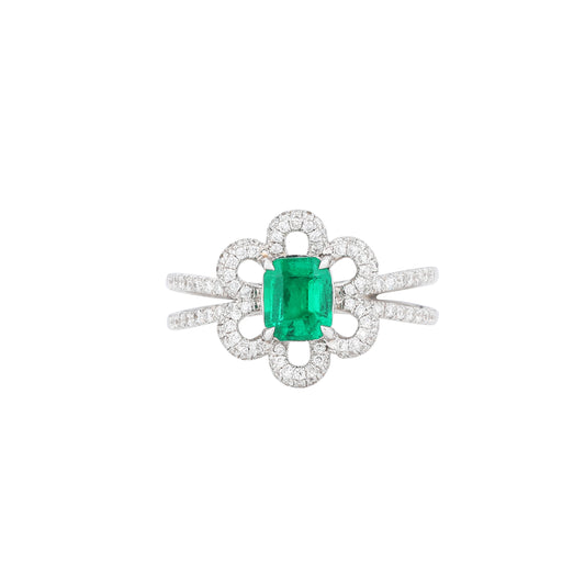 Natural Emerald Diamond Ring in 18K White Gold