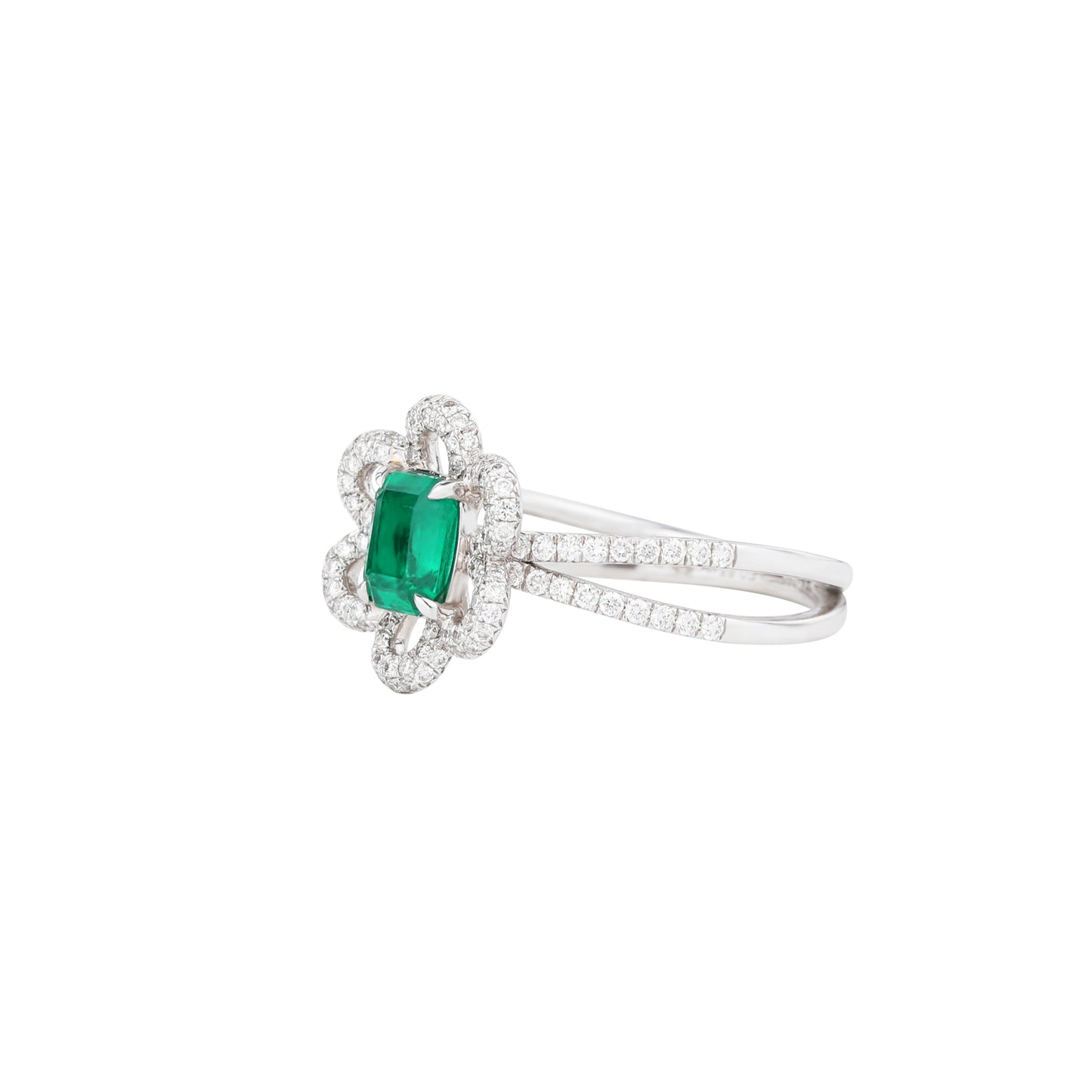 Natural Emerald Diamond Ring in 18K White Gold