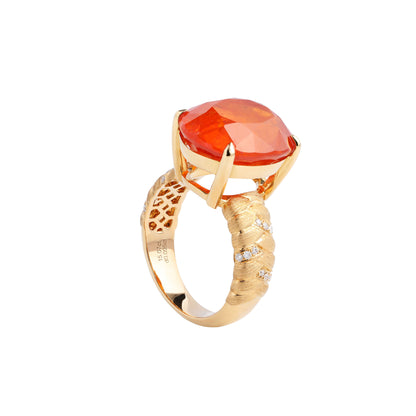 Natural Rich Red Orange Spessartine Garnet Diamond Ring in 18K Yellow Gold