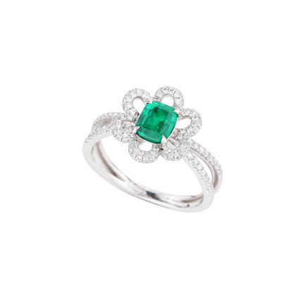 Natural Emerald Diamond Ring in 18K White Gold