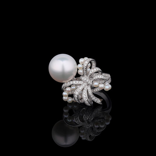 White South Sea Cultured Pearl & Akoya Diamond Ring in 18K White Gold