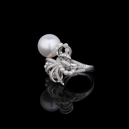 White South Sea Cultured Pearl & Akoya Diamond Ring in 18K White Gold