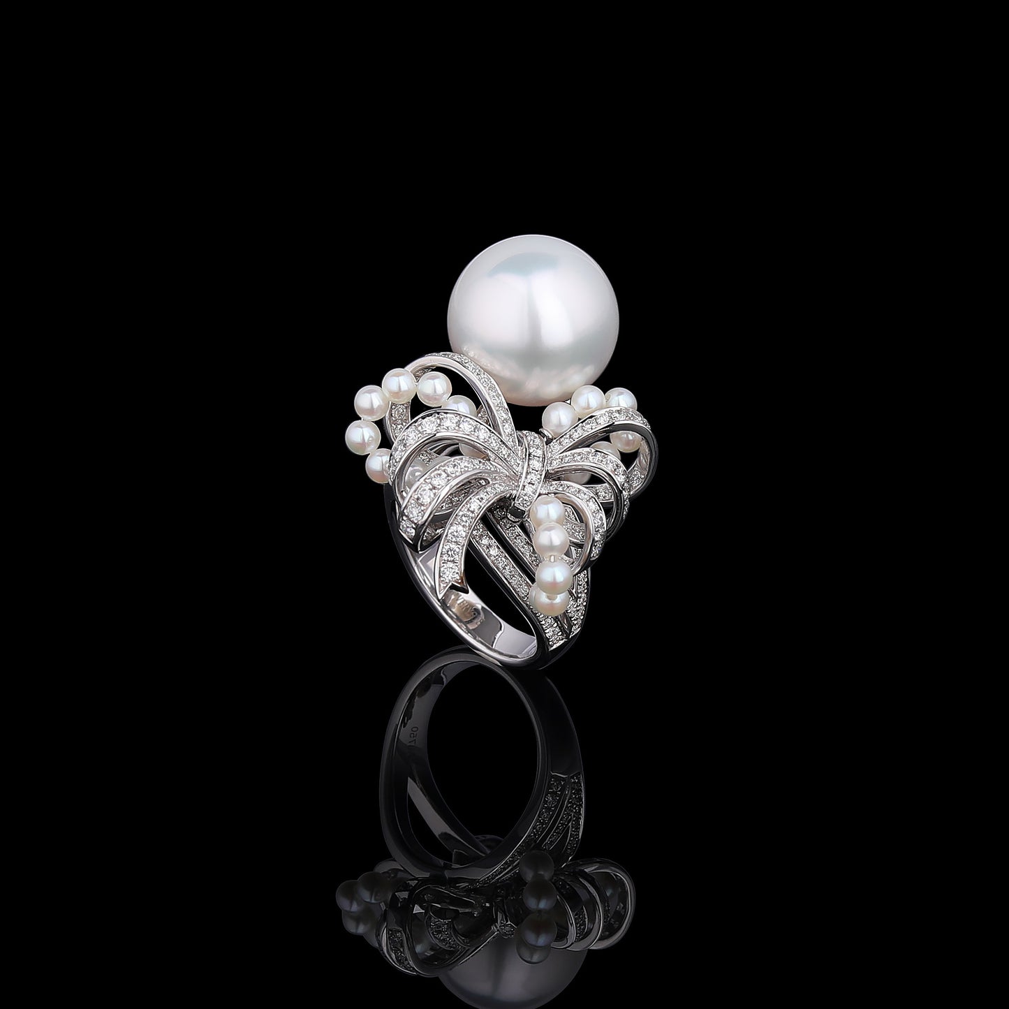 White South Sea Cultured Pearl & Akoya Diamond Ring in 18K White Gold