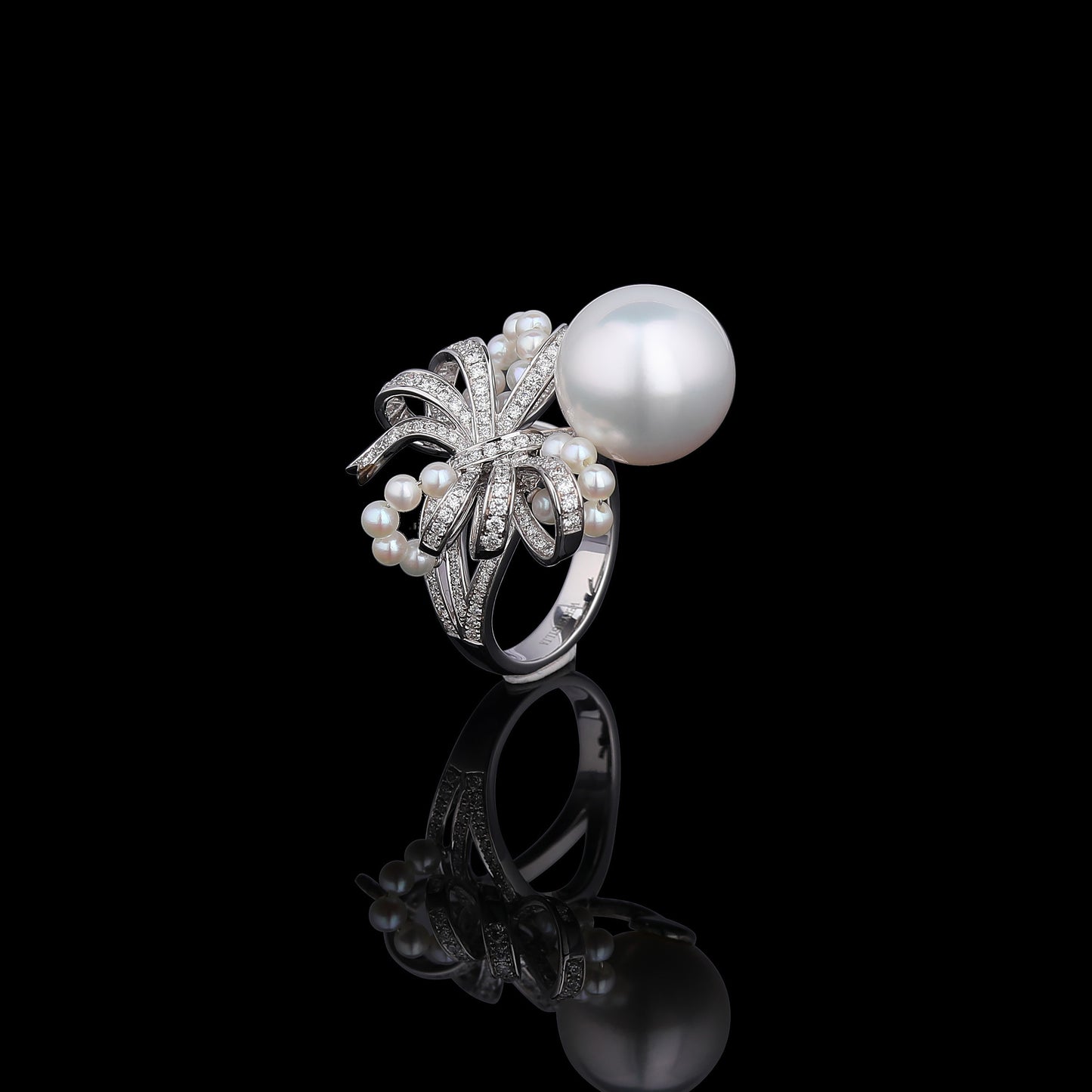 White South Sea Cultured Pearl & Akoya Diamond Ring in 18K White Gold