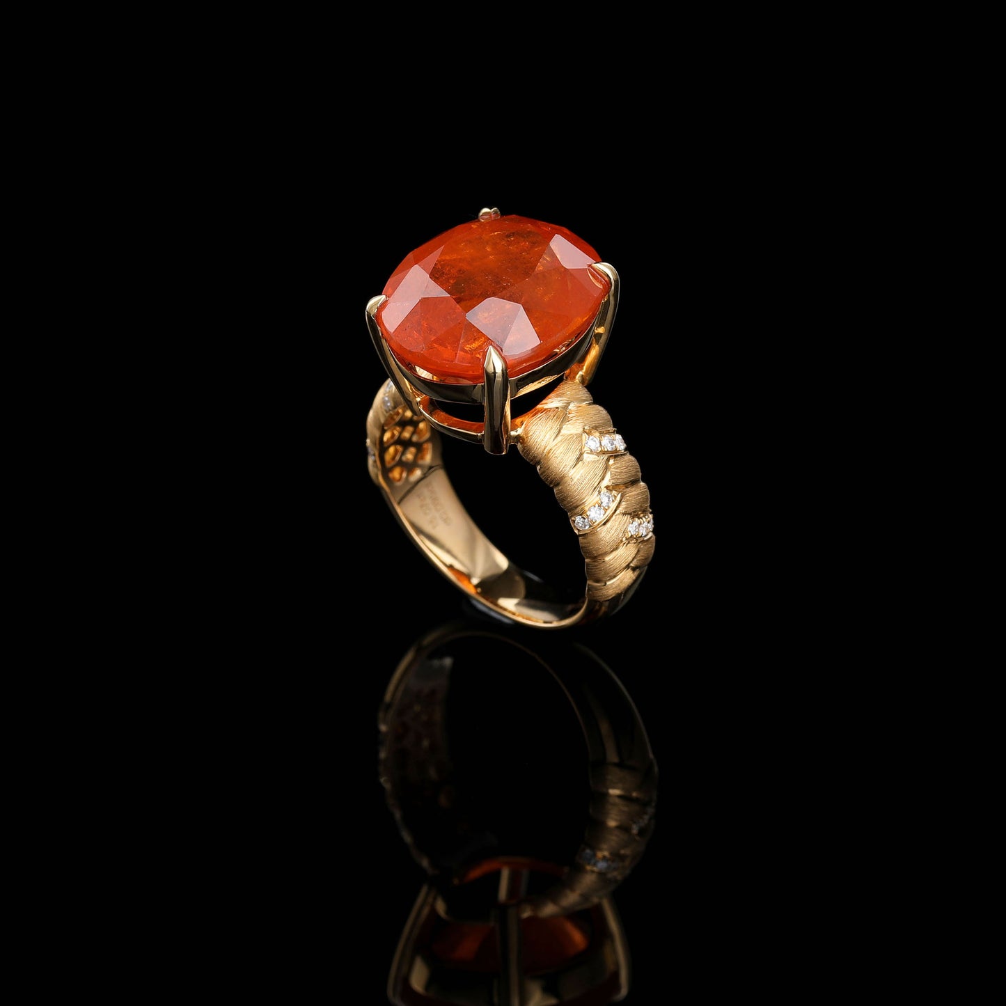 Natural Rich Red Orange Spessartine Garnet Diamond Ring in 18K Yellow Gold