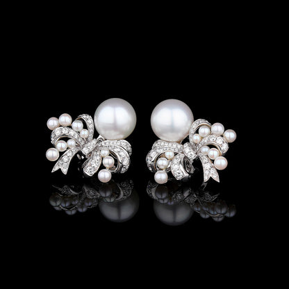 White South Sea Cultured Pearl & Akoya Diamond Earrings in 18K White Gold