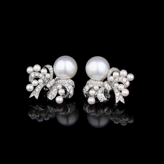 White South Sea Cultured Pearl & Akoya Diamond Earrings in 18K White Gold