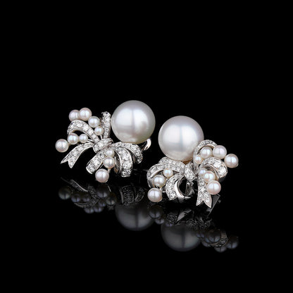 White South Sea Cultured Pearl & Akoya Diamond Earrings in 18K White Gold