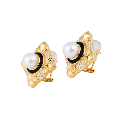 7.5-8mm Akoya Cultured Pearl Black Agate Diamond Earrings in 18K Yellow Gold