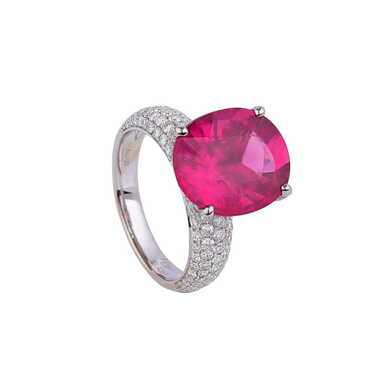 Natural Hot Pink Rubellite Tourmaline Diamond Ring in 18K White Gold