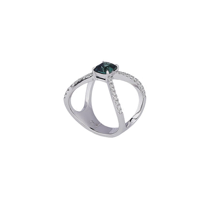 Natural Blue Green Sapphire Diamond Ring in 18K White Gold