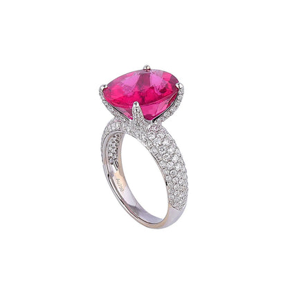 Natural Hot Pink Rubellite Tourmaline Diamond Ring in 18K White Gold