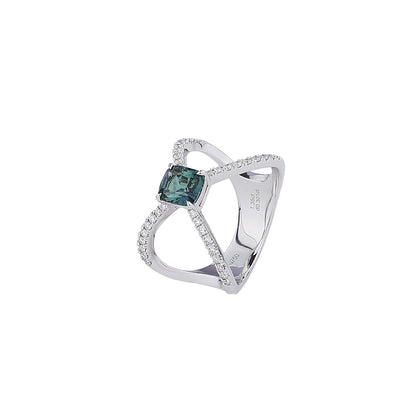 Natural Blue Green Sapphire Diamond Ring in 18K White Gold