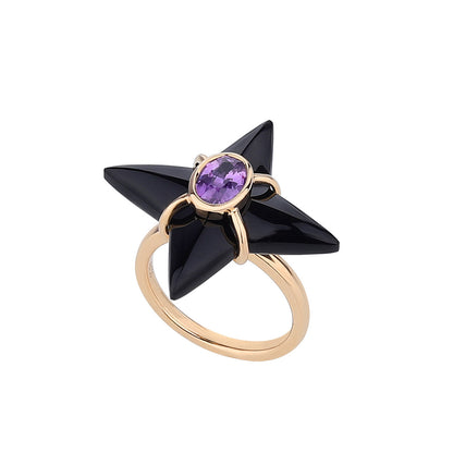 Natural Unheated Pink Sapphire Black Agate Four-pointed Star Ring in 18K Yellow Gold