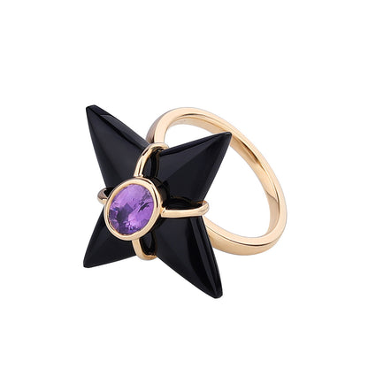 Natural Unheated Pink Sapphire Black Agate Four-pointed Star Ring in 18K Yellow Gold