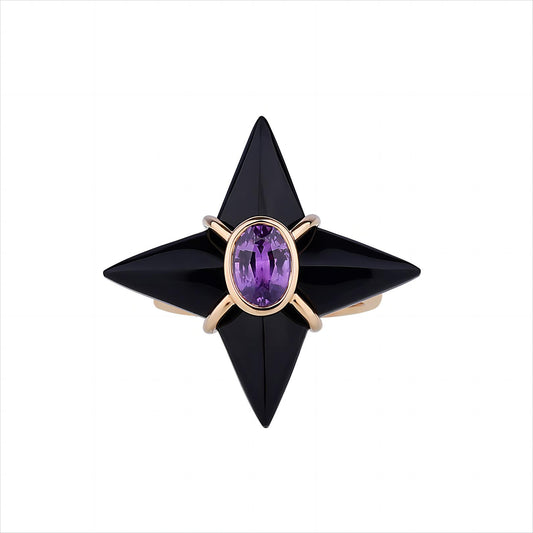 Natural Unheated Pink Sapphire Black Agate Four-pointed Star Ring in 18K Yellow Gold