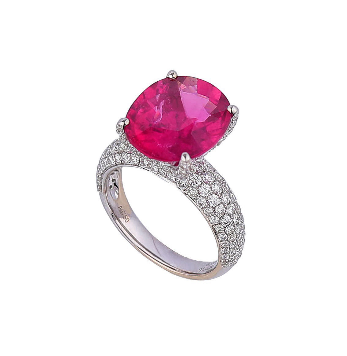 Natural Hot Pink Rubellite Tourmaline Diamond Ring in 18K White Gold