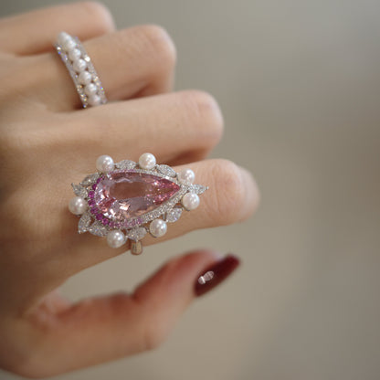 Pear-cut Cherry Blossom Pink Morganite and Akoya Pearls Diamond Ring in 18K White Gold