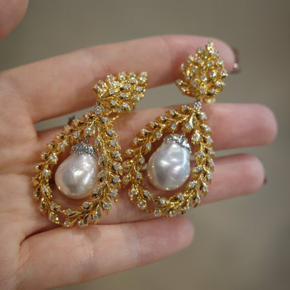 White South Sea Baroque Pearl Diamond Earrings in 18K Yellow Gold