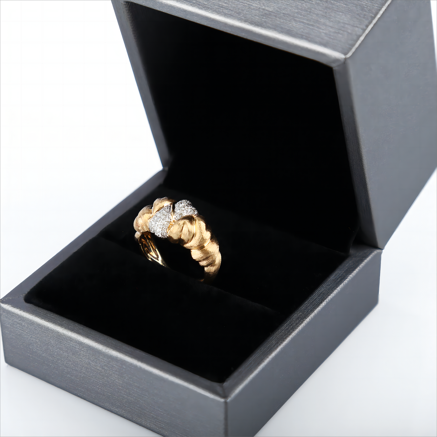 Heart-shape Croissant Diamond Ring in 18K Matte Brushed Yellow Gold