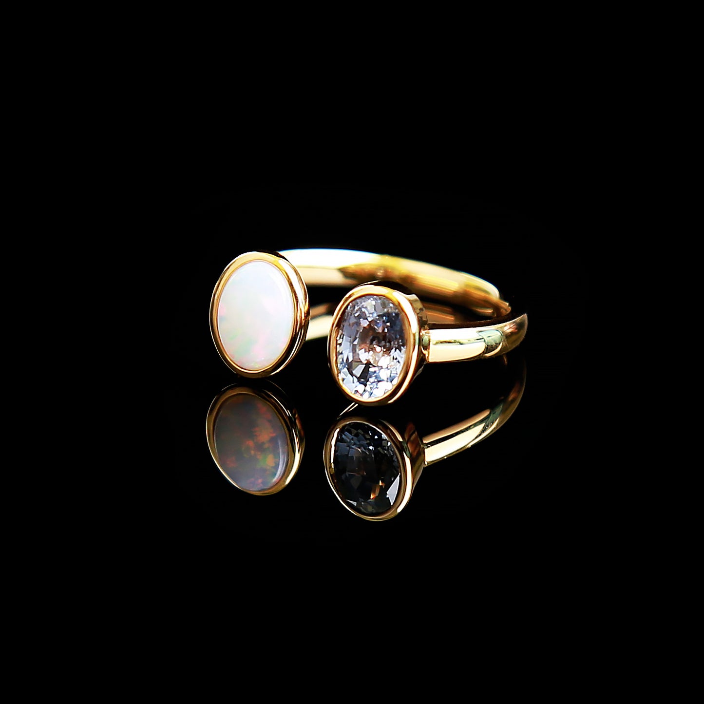 Natural White Sapphire and Opal "Toi Et Moi" Ring in 18K Yellow Gold