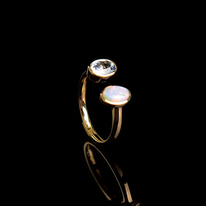 Natural White Sapphire and Opal "Toi Et Moi" Ring in 18K Yellow Gold