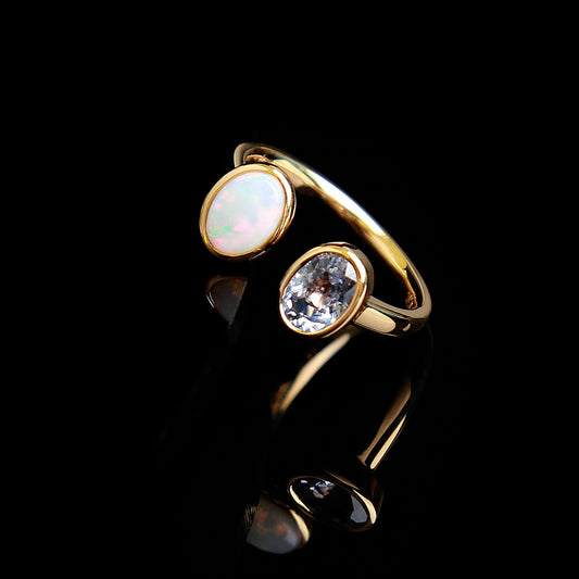 Natural White Sapphire and Opal "Toi Et Moi" Ring in 18K Yellow Gold