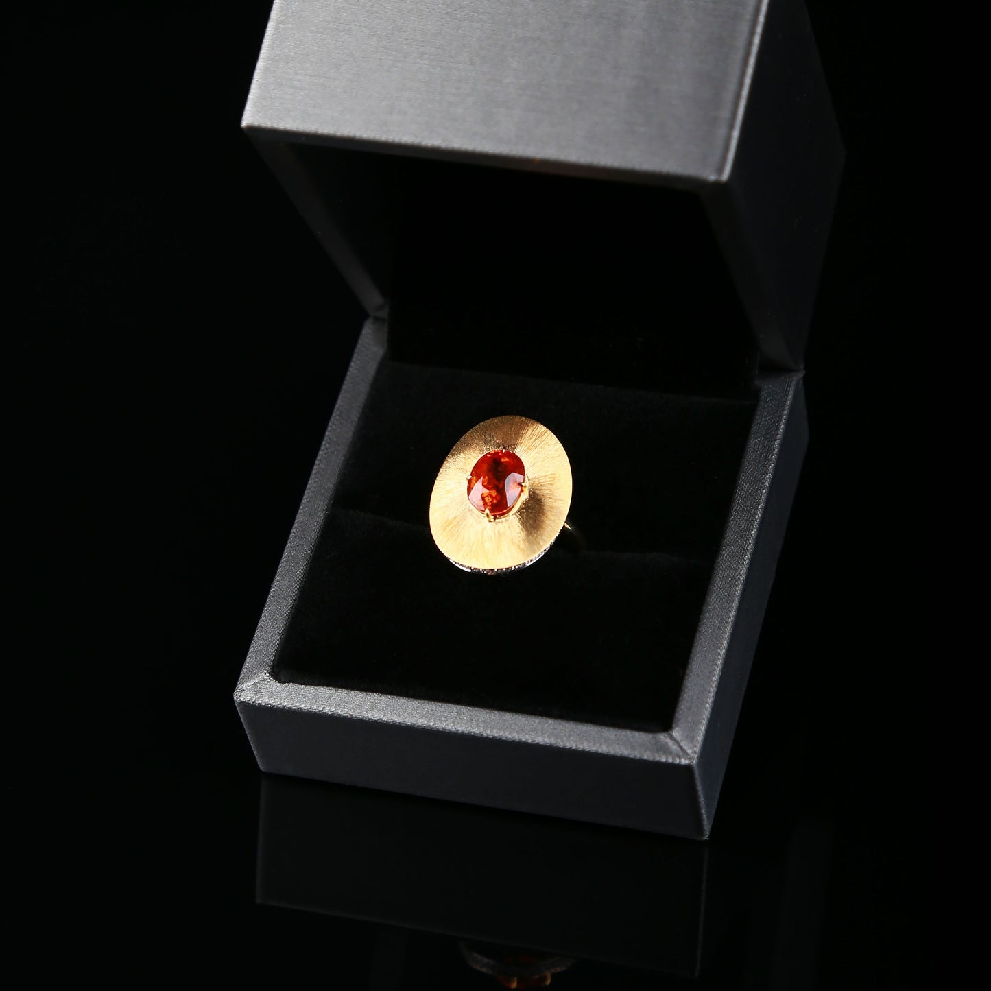 Natural Rich Red Orange Spessartine Garnet Diamond Ring in 18K Yellow Gold