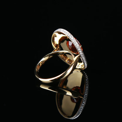 Natural Rich Red Orange Spessartine Garnet Diamond Ring in 18K Yellow Gold