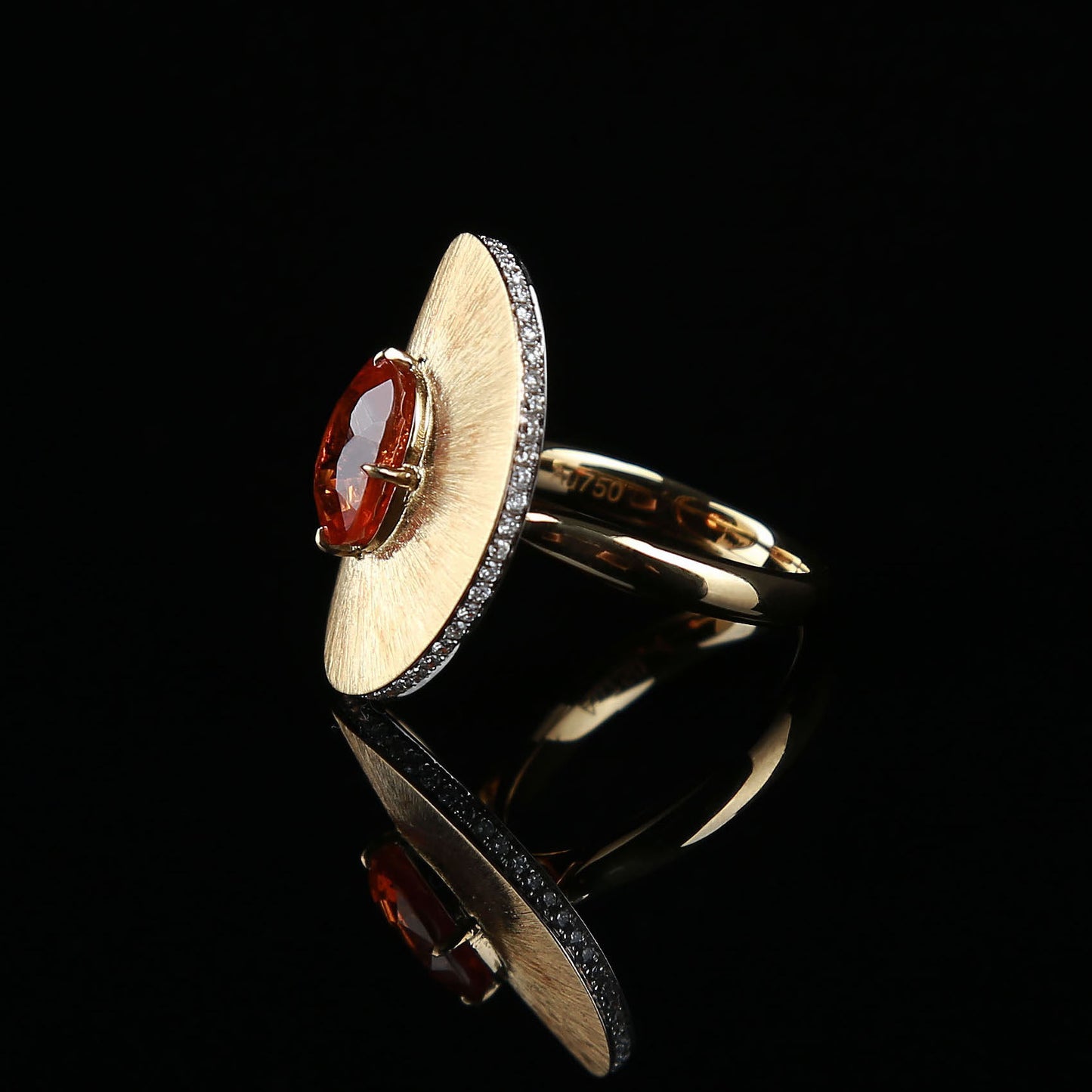 Natural Rich Red Orange Spessartine Garnet Diamond Ring in 18K Yellow Gold