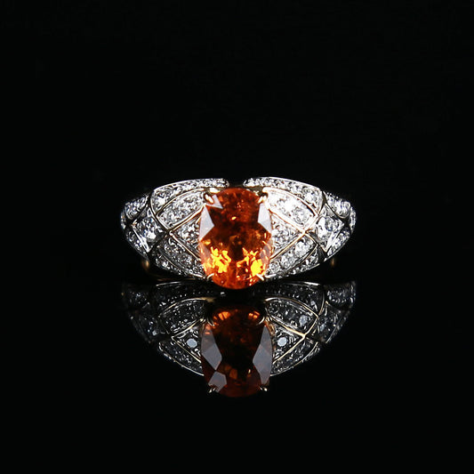 Natural Rich Red Orange Spessartine Garnet Diamond Ring in 18K Yellow Gold