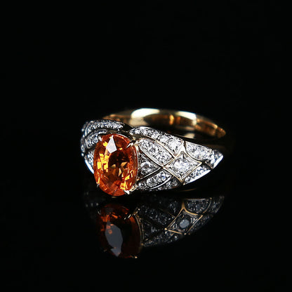 Natural Rich Red Orange Spessartine Garnet Diamond Ring in 18K Yellow Gold