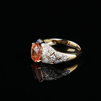 Natural Rich Red Orange Spessartine Garnet Diamond Ring in 18K Yellow Gold