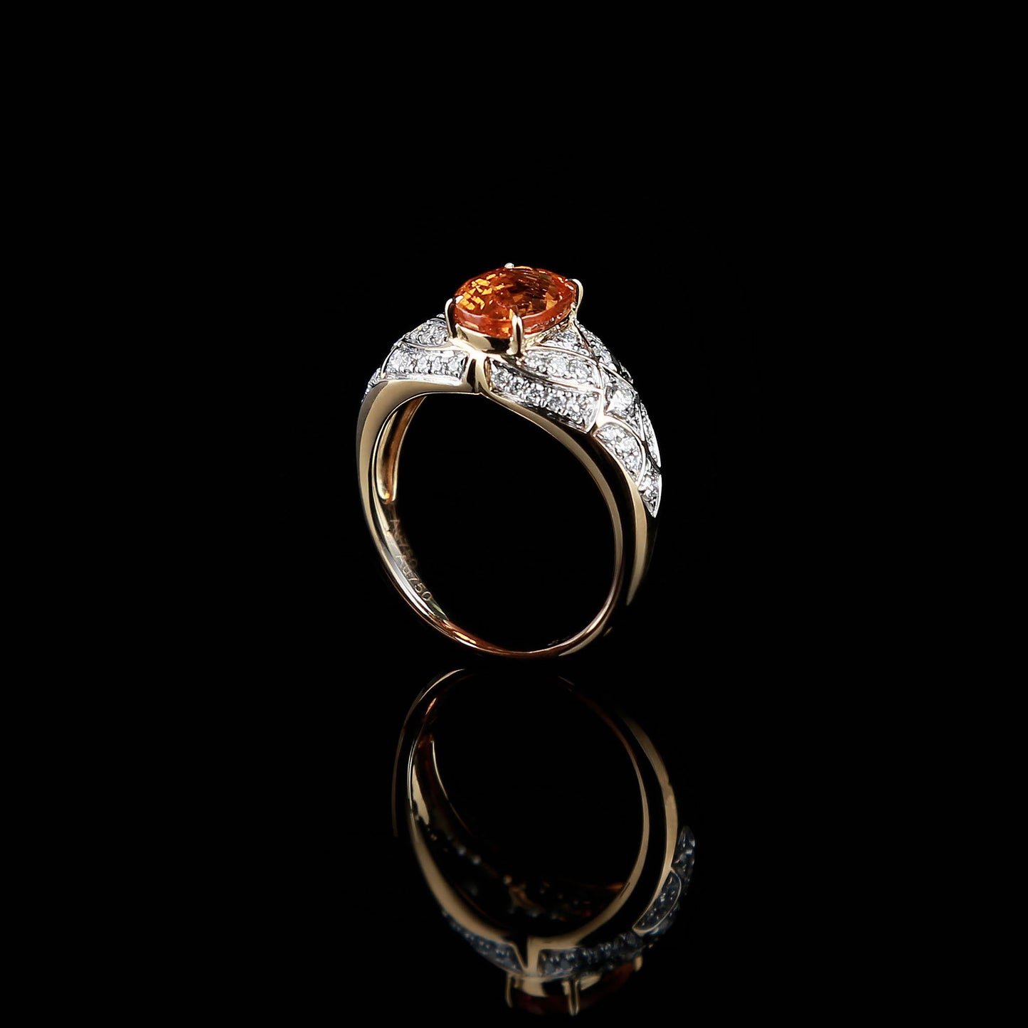 Natural Rich Red Orange Spessartine Garnet Diamond Ring in 18K Yellow Gold