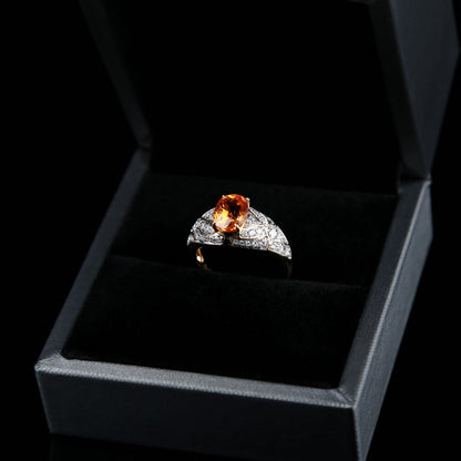 Natural Rich Red Orange Spessartine Garnet Diamond Ring in 18K Yellow Gold