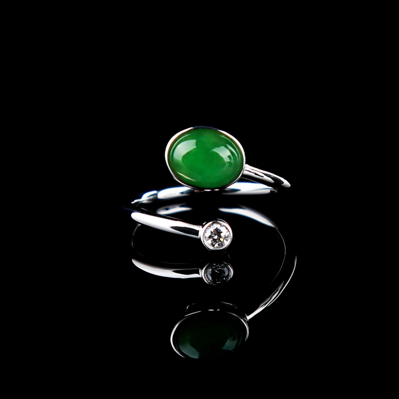 Natural Vivid Green Cabochon Jadeite Jade Diamond Ring in 18K White Gold