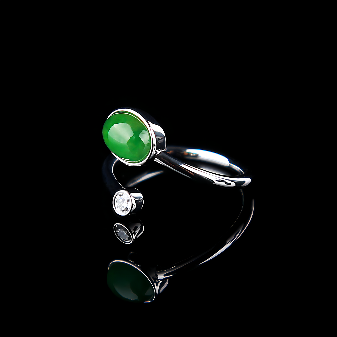 Natural Vivid Green Cabochon Jadeite Jade Diamond Ring in 18K White Gold