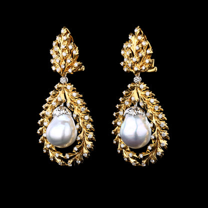 White South Sea Baroque Pearl Diamond Earrings in 18K Yellow Gold