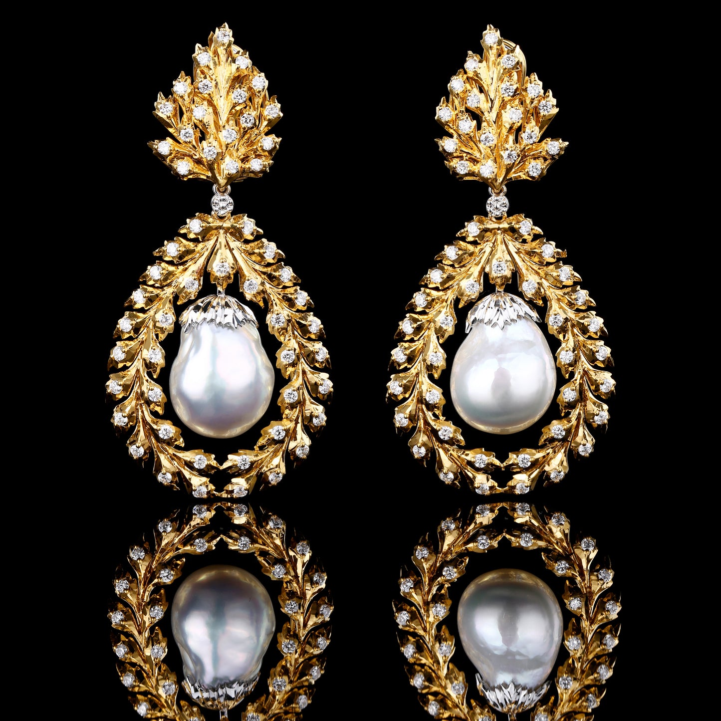 White South Sea Baroque Pearl Diamond Earrings in 18K Yellow Gold