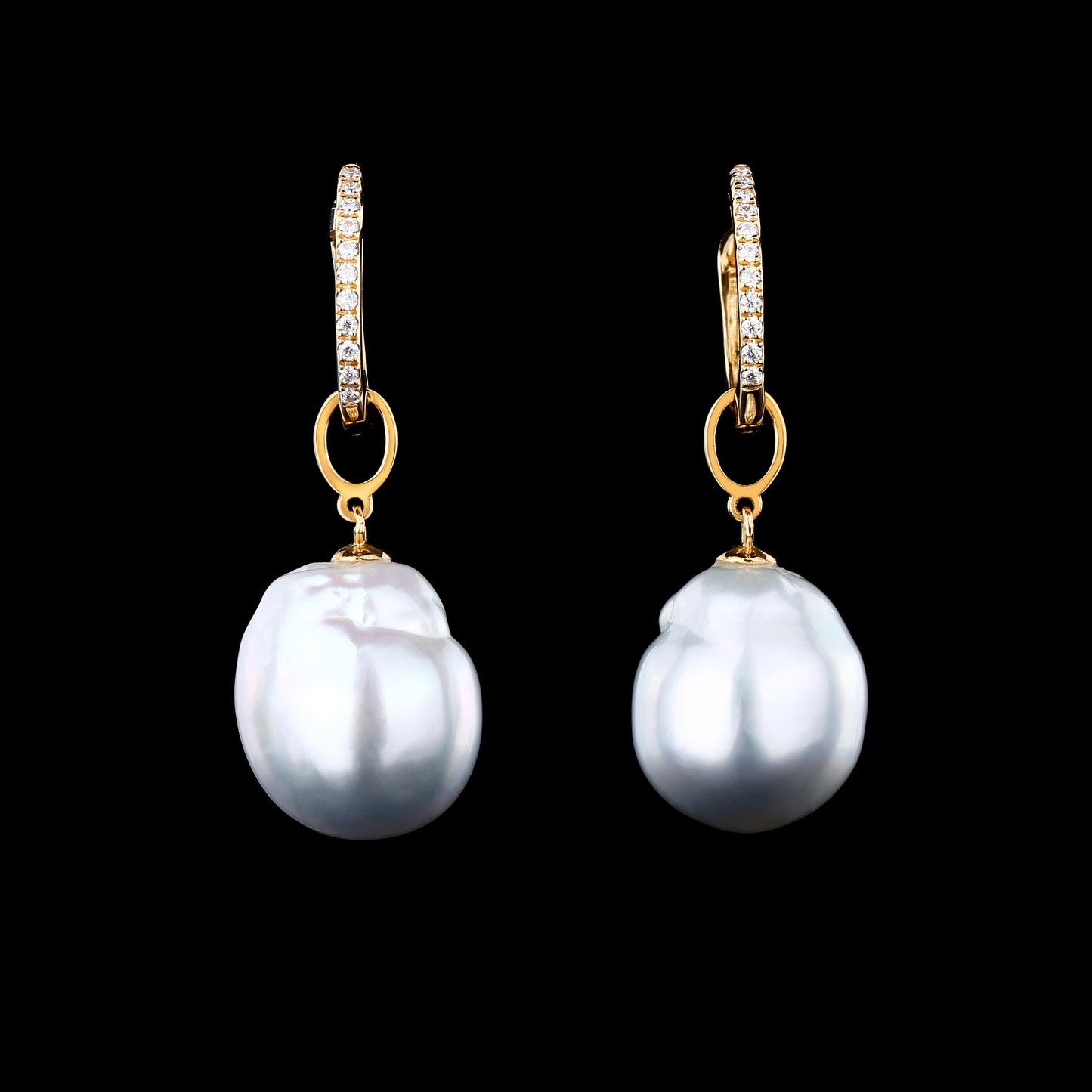 White South Sea Baroque Pearl Diamond Earrings in 18K Yellow Gold