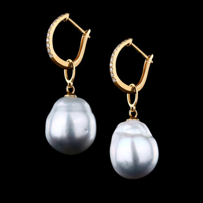 White South Sea Baroque Pearl Diamond Earrings in 18K Yellow Gold