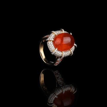 Natural Rich Red Orange Cabochon Spessartine Garnet Diamond Ring in 18K Yellow Gold