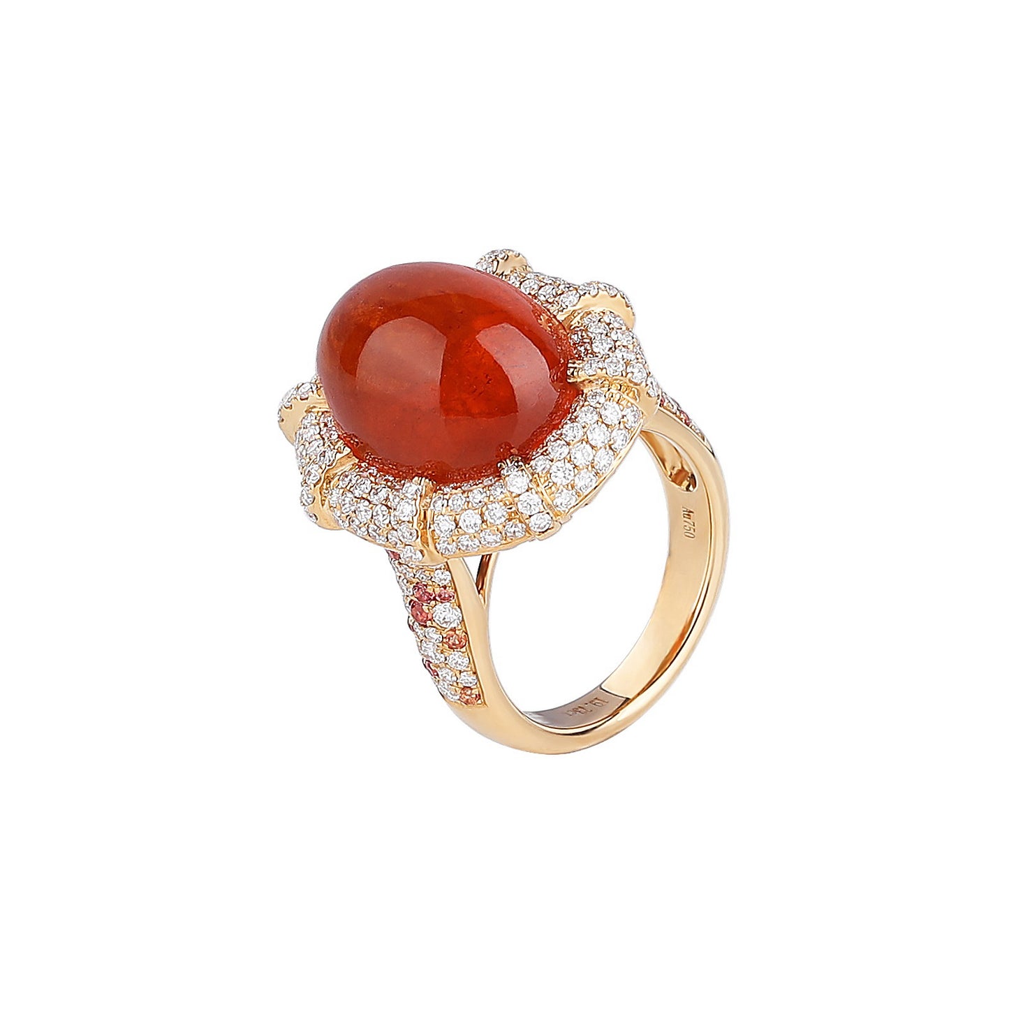 Natural Rich Red Orange Cabochon Spessartine Garnet Diamond Ring in 18K Yellow Gold